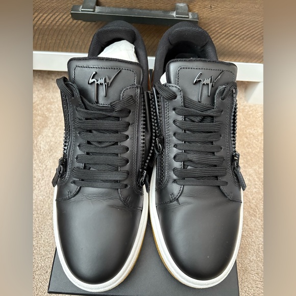 Size 12 Giuseppe Zanotti Black Leather Sneakers with Gold and White Sole